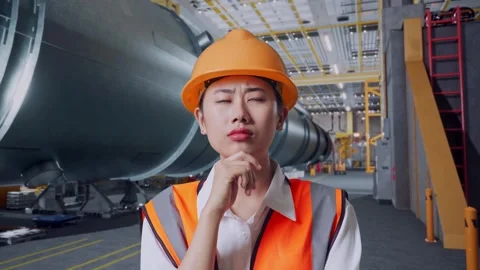 Asian Female Engineer Thinking About Something In Pipe Factory Stock Footage 275035354