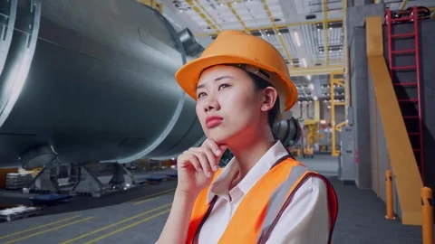 Asian Female Engineer Thinking About Something In Pipe Factory Stock Footage 275036357
