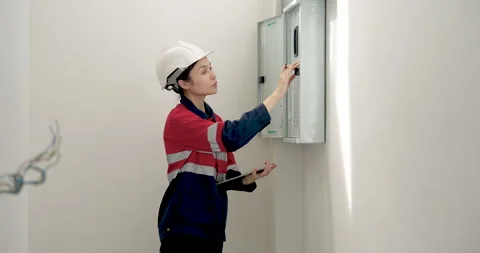 Asian female engineer walks alone near electrical panel, checking clipboard Stock Footage 339830337