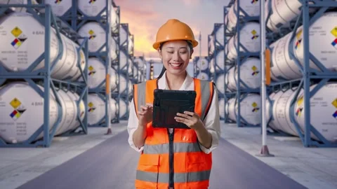 Asian Female Engineer Working On A Tablet with Chemical Tanks Stock Footage 340840184