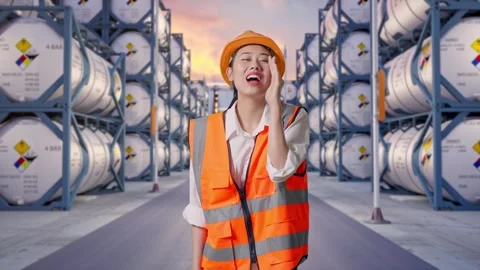 Asian Female Engineer Yelling With Hand Over Mouth with Chemical Tanks Video stock 340840129