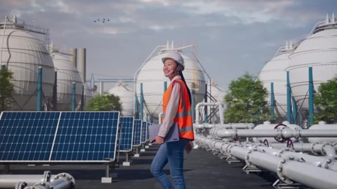 Asian Female Holding Tablet While Walking at Energy Complex Stock Footage 330175797