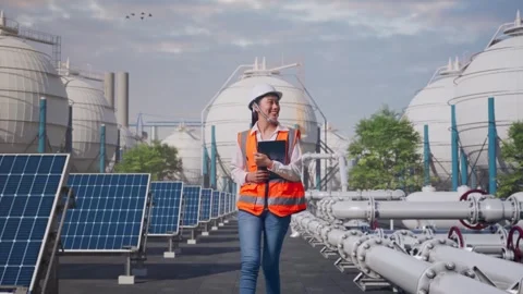 Asian Female Holding Tablet While Walking at Energy Complex Stock Footage 330175918