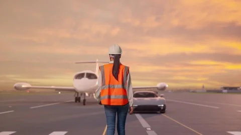 Asian Female Holding Tablet While Walking on Airport Runway Video stock 330335885