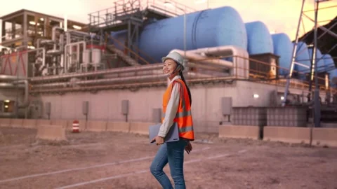 Asian Female Holding Tablet While Walking at Gas Plant Stock Footage 337758447