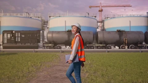 Asian Female Holding Tablet While Walking at Oil Refinery Stock Footage 340137731