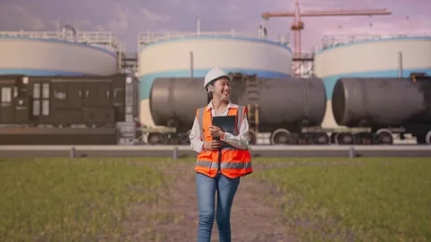 Asian Female Holding Tablet While Walking at Oil Refinery Stock Footage 340137899