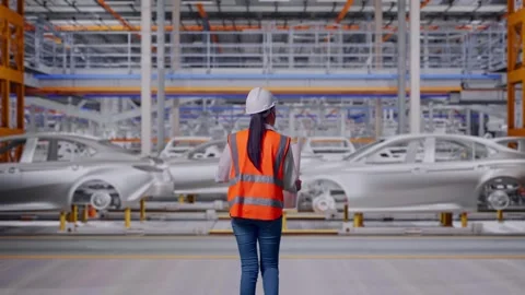 Asian Female Looking At Blueprint While Walking In Car Factory Stock Footage 331628774