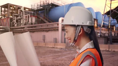 Asian Female Looking At Blueprint While Walking at Gas Plant Stock Footage 337758147