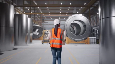 Asian Female Looking At Blueprint While Walking at Heavy Factory Stock Footage 340810452