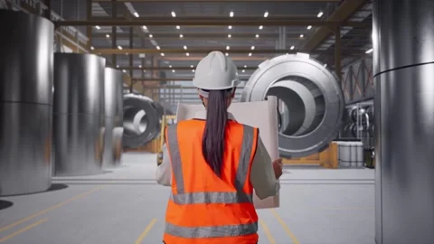 Asian Female Looking At Blueprint While Walking at Heavy Factory Stock Footage 340810924