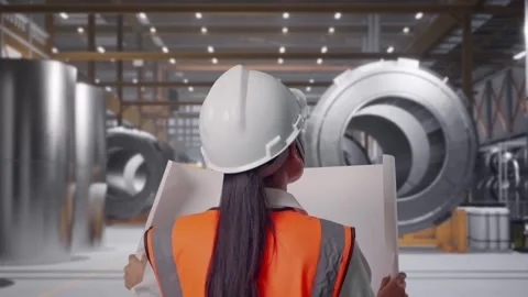 Asian Female Looking At Blueprint While Walking at Heavy Factory Stock Footage 340811484