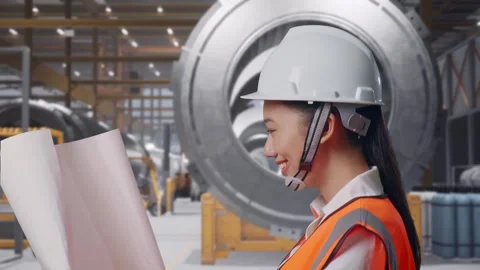 Asian Female Looking At Blueprint While Walking at Heavy Factory Stock Footage 340811779
