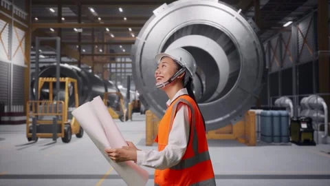 Asian Female Looking At Blueprint While Walking at Heavy Factory Stock Footage 340811931