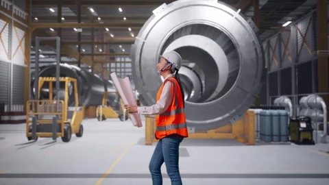 Asian Female Looking At Blueprint While Walking at Heavy Factory Stock Footage 340812348