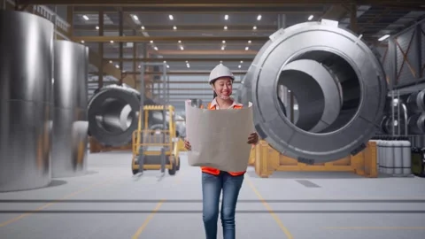 Asian Female Looking At Blueprint While Walking at Heavy Factory Stock Footage 340812555