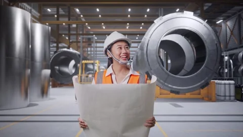 Asian Female Looking At Blueprint While Walking at Heavy Factory Stock Footage 340812900