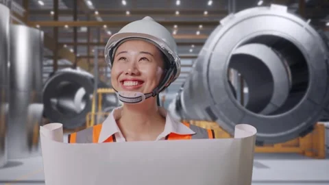 Asian Female Looking At Blueprint While Walking at Heavy Factory Stock Footage 340813133
