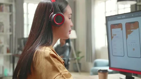 Asian Female Mobile Application Developer Start Works With Graphics Stock Footage 158102970