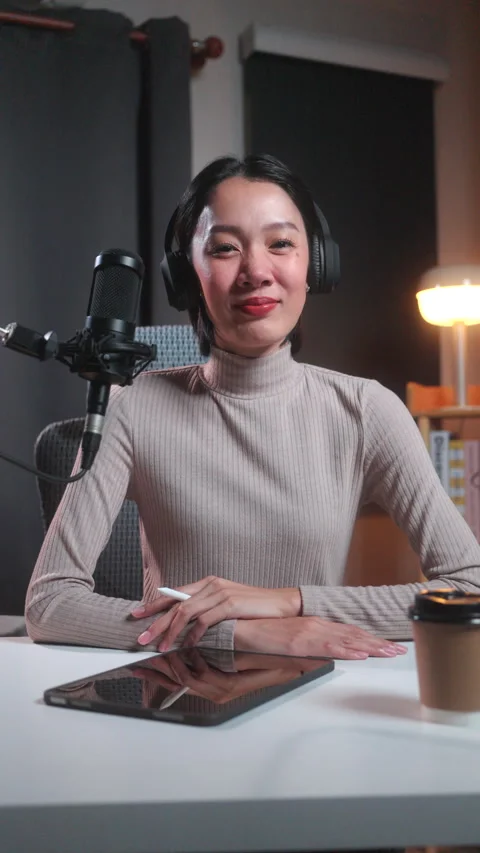 Asian female podcaster wth tablet in a modern home studio Vídeo Stock 345046341