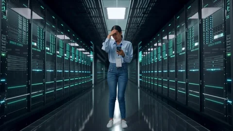 Asian Female Professional Dissapionted While Use Phone In Data Center Stock Footage 321990403