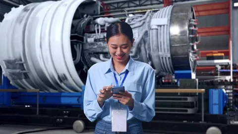 Asian Female Professional Worker Use Phone With Jet Engine Stock Footage 307188876