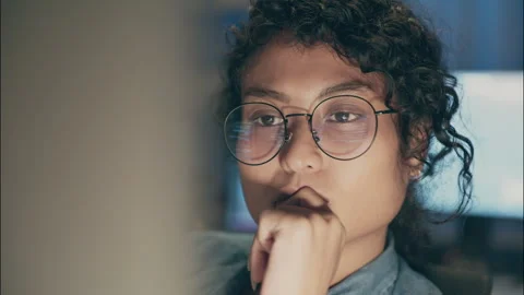 Asian Female Programmer Deep in Thought While Coding at Night. Stock Footage 307586900