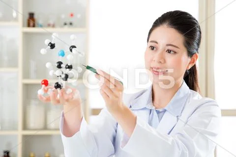 Asian female scientist teacher point at molecular model explain Scientific wo Stock Photos
