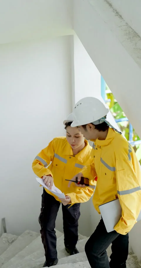 Asian female site inspector points across stairwell while male contractor checks Stock Footage 337641689