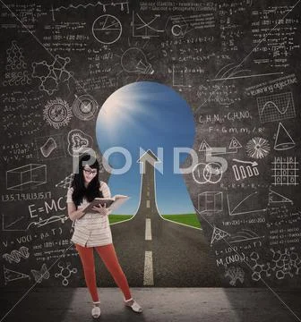 Asian female student reading book with success road Stock Illustration