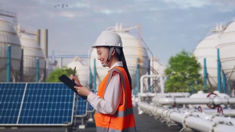 Asian Female Taking Note on Tablet While Walking at Energy Complex Stock Footage 330175551