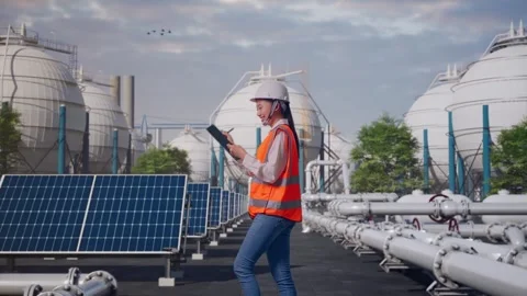 Asian Female Taking Note on Tablet While Walking at Energy Complex Stock Footage 330175808