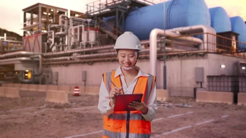 Asian Female Taking Note on Tablet While Walking at Gas Plant Stock-Footage 337758789