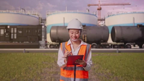 Asian Female Taking Note on Tablet While Walking at Oil Refinery Stock Footage 340137972