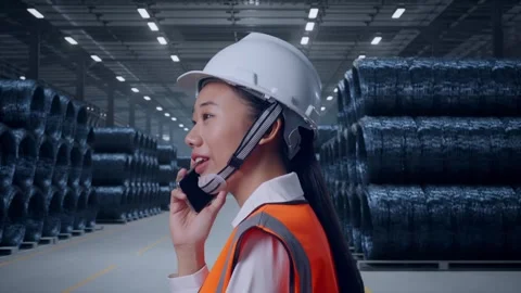 Asian Female Talking On Smartphone While Walking with Rebar Coils Stock Footage 323691146