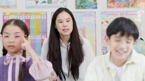 Asian Female Teacher Explaining Multiplication to Young Students Stock Footage 328208651