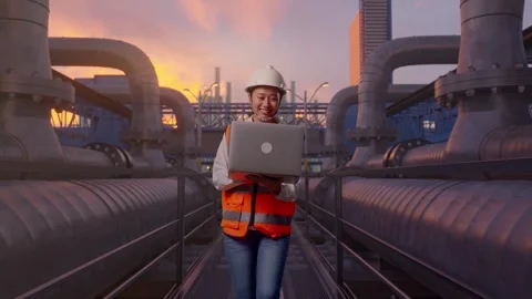 Asian Female Use Computer While Walking with Industrial Pipeline Stock Footage 318078885