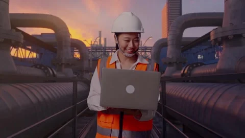 Asian Female Use Computer While Walking with Industrial Pipeline Stock Footage 318079030