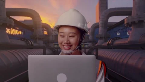 Asian Female Use Computer While Walking with Industrial Pipeline Stock Footage 318079143