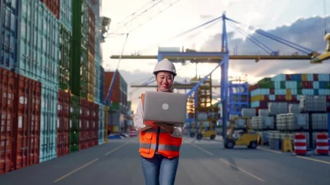 Asian Female Use Computer While Walking at Port Ship Stock Footage 318816651