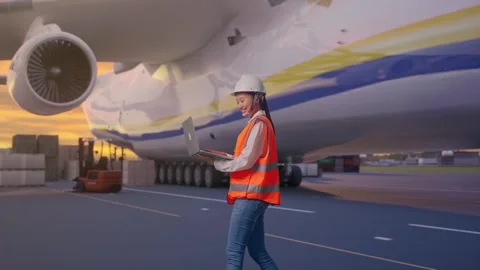 Asian Female Use Computer While Walking with Cargo Aircraft Stock Footage 326093417