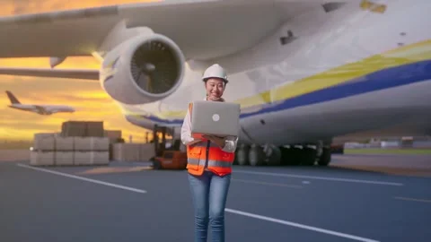 Asian Female Use Computer While Walking with Cargo Aircraft Stock Footage 326093497