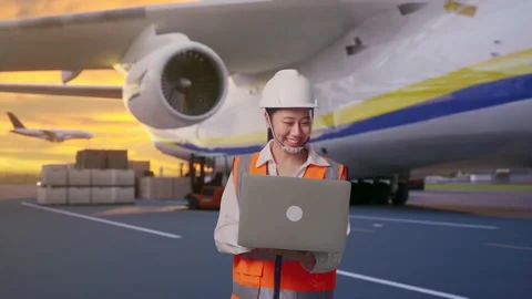 Asian Female Use Computer While Walking with Cargo Aircraft Stock Footage 326093567
