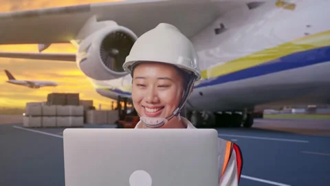 Asian Female Use Computer While Walking with Cargo Aircraft Stock Footage 326093628