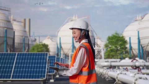 Asian Female Use Computer While Walking at Energy Complex Stock Footage 330175582