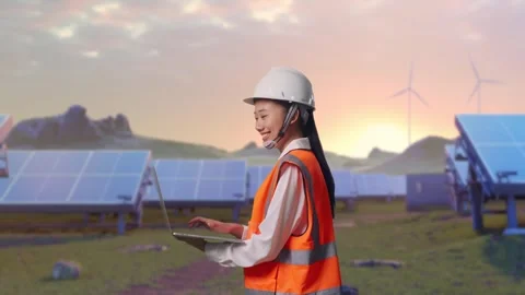 Asian Female Use Computer While Walking on Energy Farm Stock Footage 331018703