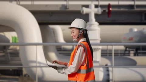 Asian Female Use Computer While Walking at Energy Plant Stock Footage 331637413