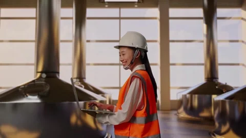 Asian Female Use Computer While Walking at Beer Plant Stock Footage 332159698