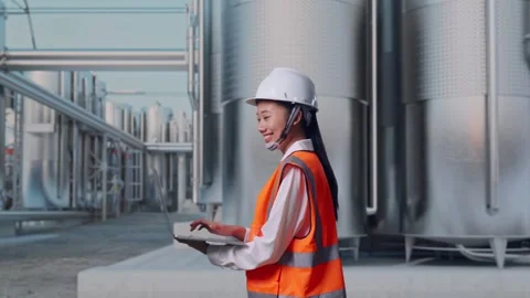 Asian Female Use Computer While Walking at Chemical Plant Stock Footage 332549223