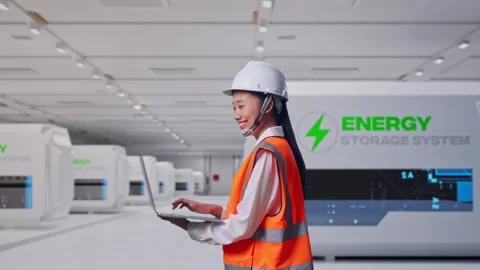 Asian Female Use Computer While Walking at Power Plant Stock Footage 333768112